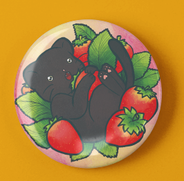 Strawberry cat round pin